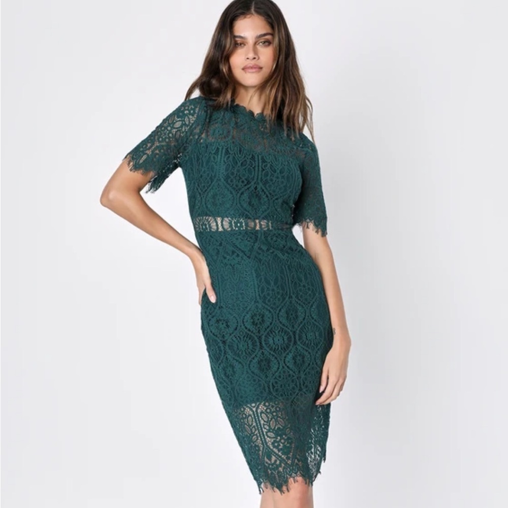 Lulu’s Remarkable Forest Green Sheer Lace
Short Sleeve Mini Dress